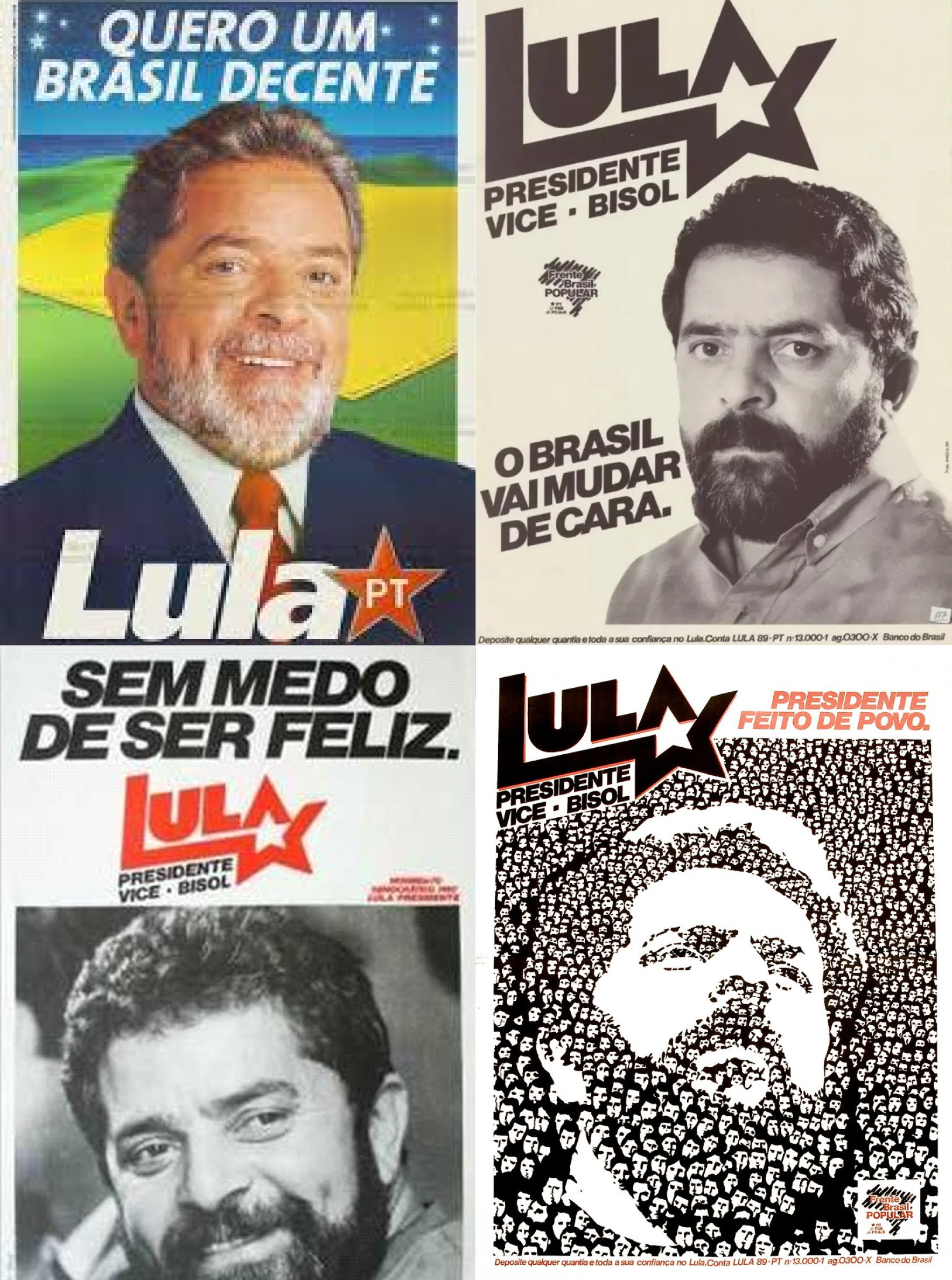 Mural de cartazes históricos das campanhas de Lula